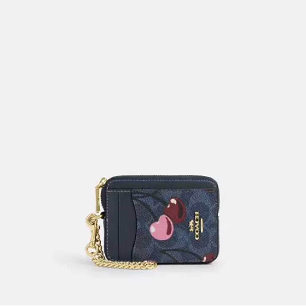 NWT - Coach Zip Card Case In Signature Canvas With Cherry Print